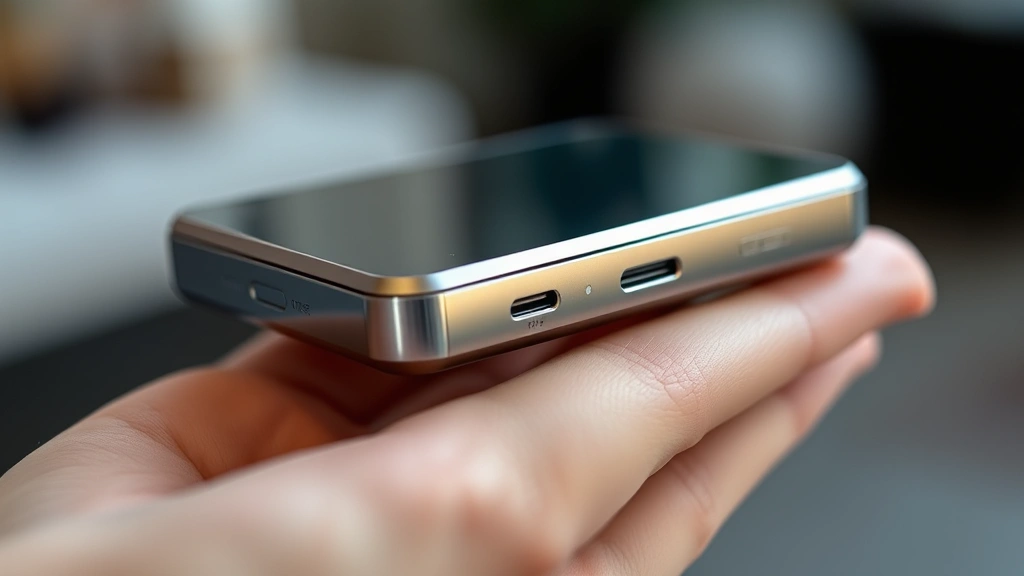 Close-up of sleek metallic gadget with premium finish, held in hand showing size and build quality, natural lighting, shallow depth of field