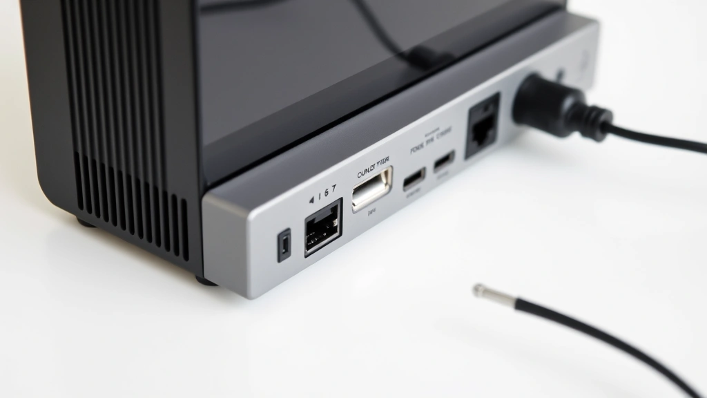 Product display showing connectivity ports and physical controls, professional product photography, clean white background, detailed macro view