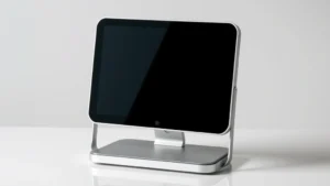 Sleek modern tech device with metallic frame and glass back, sitting on minimalist white desk surface, professional studio lighting, no text visible