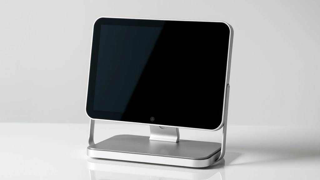 Sleek modern tech device with metallic frame and glass back, sitting on minimalist white desk surface, professional studio lighting, no text visible