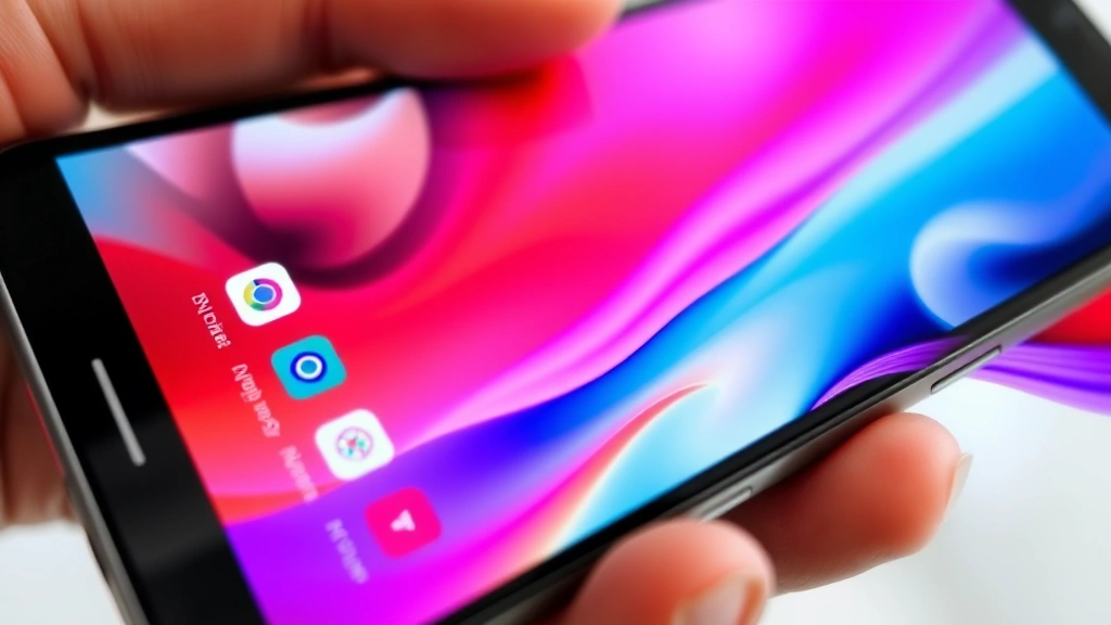 Close-up of device screen displaying vibrant colors and detailed graphics, hand holding device at natural angle, bright display visible with realistic reflections, no UI text