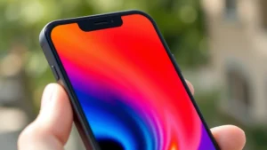 Close-up of modern smartphone display showing vibrant colors and sharp text, held at angle in natural daylight, demonstrating screen quality