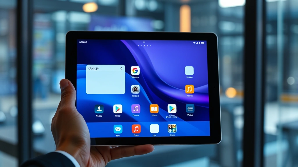 Professional hand holding premium aluminum-framed tablet showing home screen, backlit against window with ambient tech environment visible