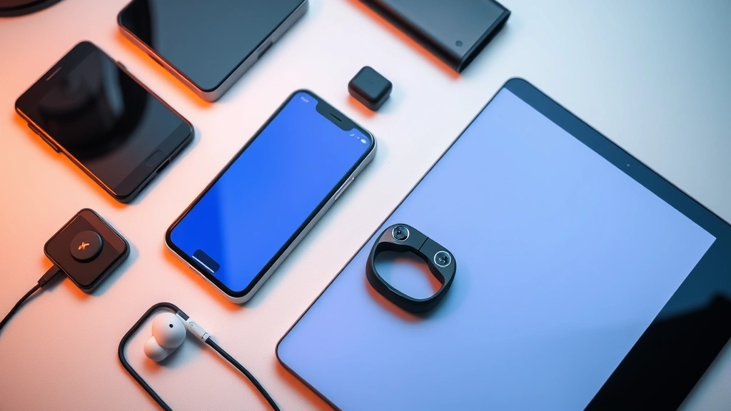 Flat lay arrangement of multiple connected tech devices including smartphone, tablet, and wireless earbuds on premium surface, showing ecosystem integration, warm ambient lighting