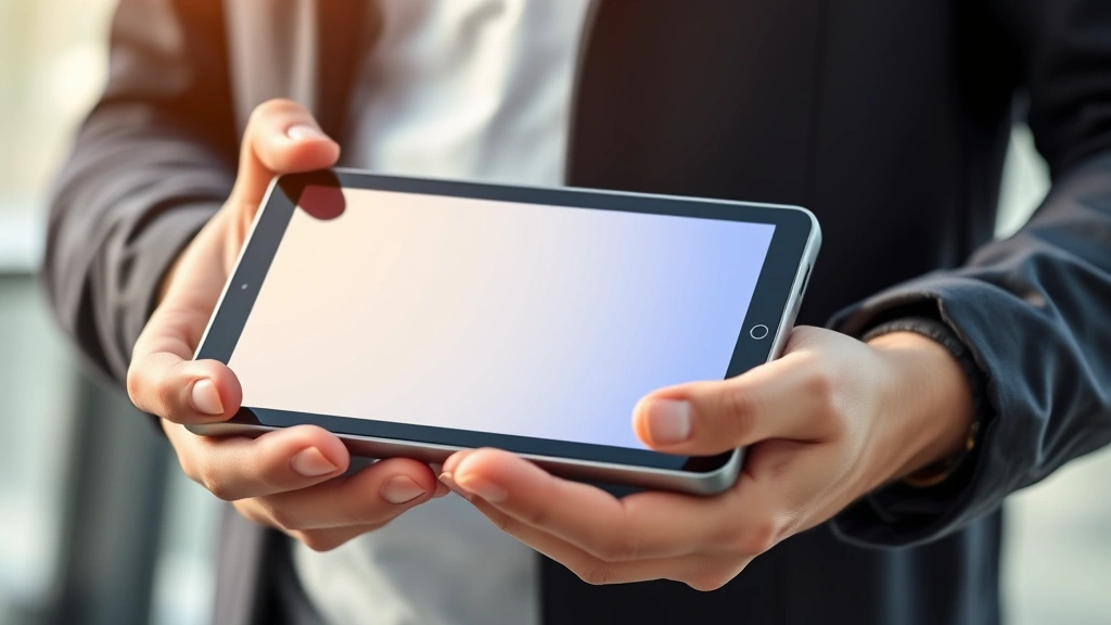 Hands holding lightweight portable gadget displaying vibrant screen in natural daylight, showcasing modern industrial design with premium materials and clean lines