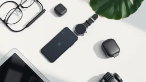Flatlay of modern tech gadgets including smartphone, smartwatch, wireless earbuds, and tablet on white surface with natural lighting