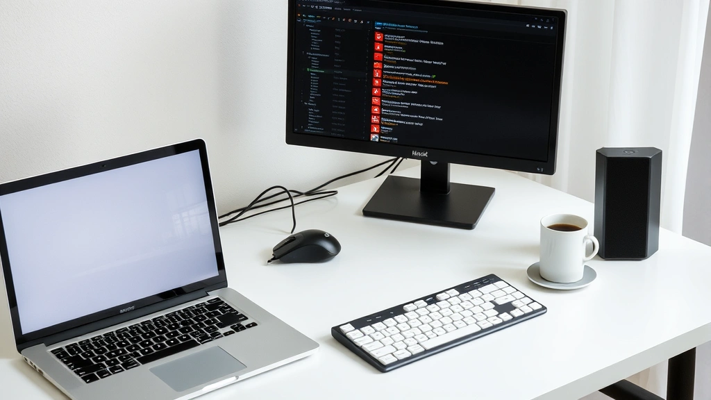 Workspace setup with laptop, external monitor, keyboard, mouse, and coffee cup showing ergonomic tech arrangement