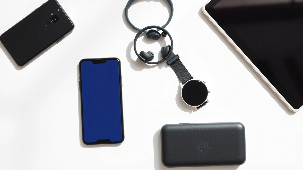 Flat lay of various tech gadgets on a clean white surface—smartphone, wireless earbuds, smartwatch, portable charger, and tablet arranged artfully with natural shadows, professional product photography style