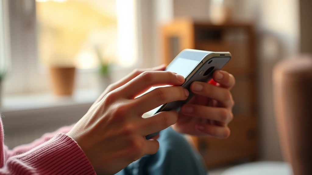 Person's hands holding and interacting with a modern smartphone or tablet in natural indoor lighting, showing genuine everyday use rather than posed product shot, warm natural light from window