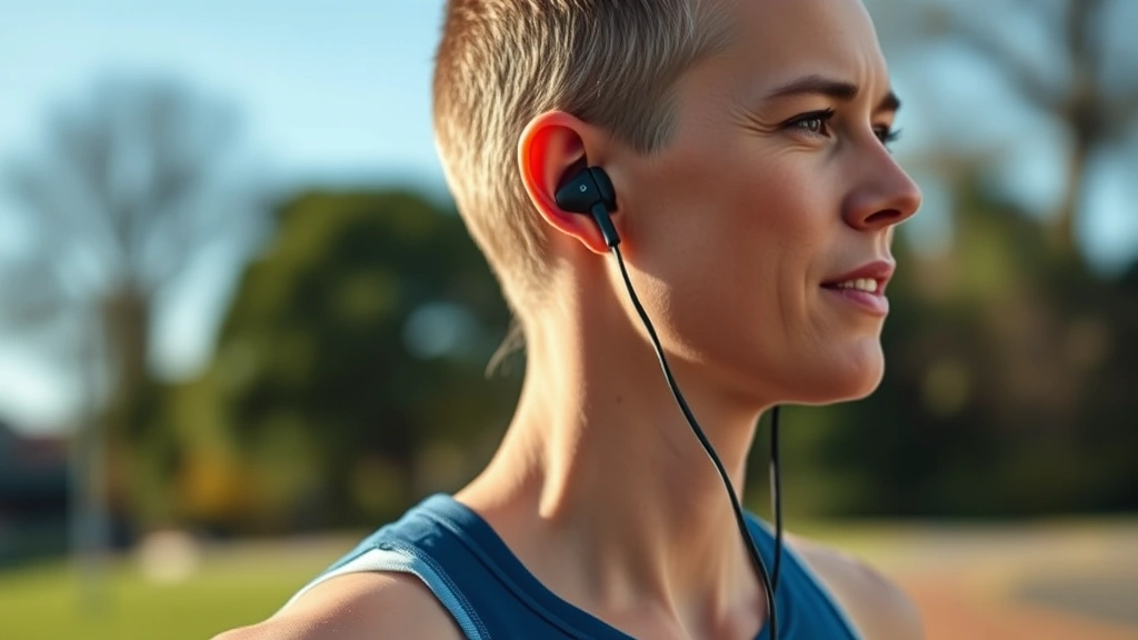 Person wearing earbuds during outdoor jog, motion blur background, clear focus on earbud fit and ear anatomy, natural daylight, active lifestyle context