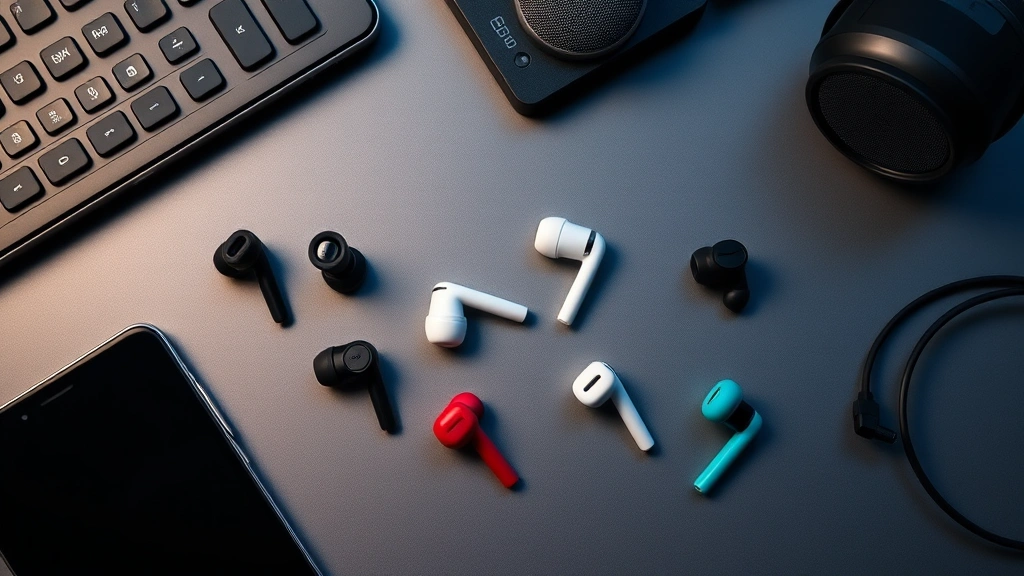 Flat lay of multiple earbud models in different colors arranged on tech desk, beside smartphone and audio equipment, professional product photography style