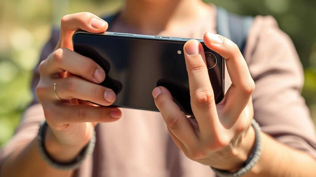Hands holding the gadget demonstrating ergonomic grip and form factor, natural daylight, lifestyle tech photography, showing scale and usability