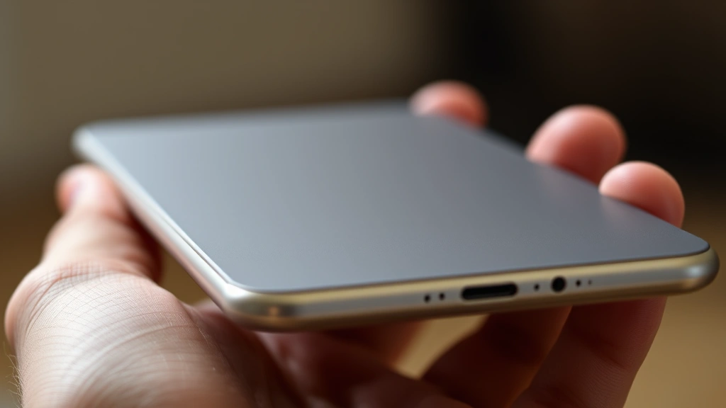 Close-up of premium smartphone or tablet with metallic finish and minimalist design, held in hand showing texture and build quality detail