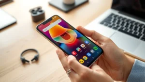 Smartphone in hands showing colorful interface with desk workspace setup including laptop and wireless earbuds in background