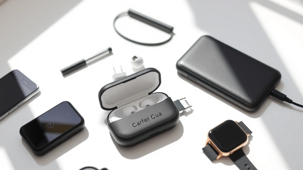 Tech gadgets collection including earbuds case smartwatch portable charger arranged on white surface with natural daylight