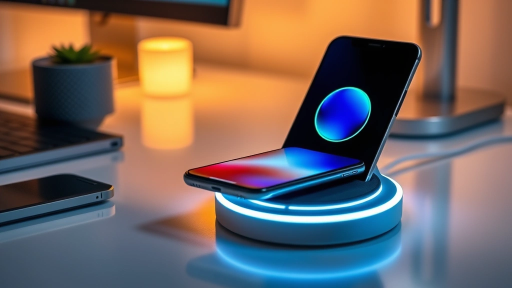 Wireless charging pad with device resting on it, modern minimalist tech setup with warm ambient lighting and clean aesthetic