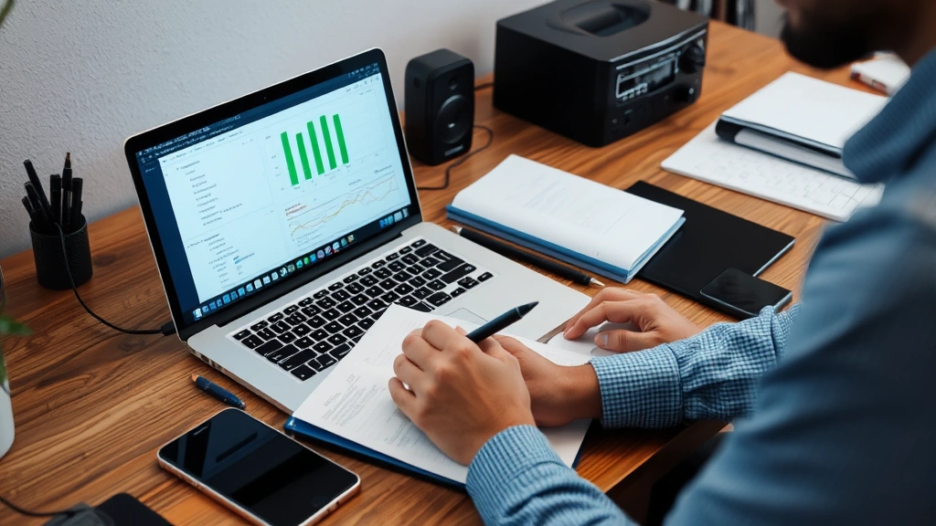 Person reviewing tech specifications on laptop screen with notebook and pen nearby, multiple devices scattered on desk