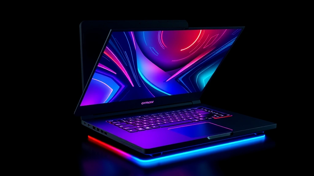 High-performance gaming laptop with RGB lighting, open showing keyboard and display, metallic aluminum chassis, modern sleek design on dark background