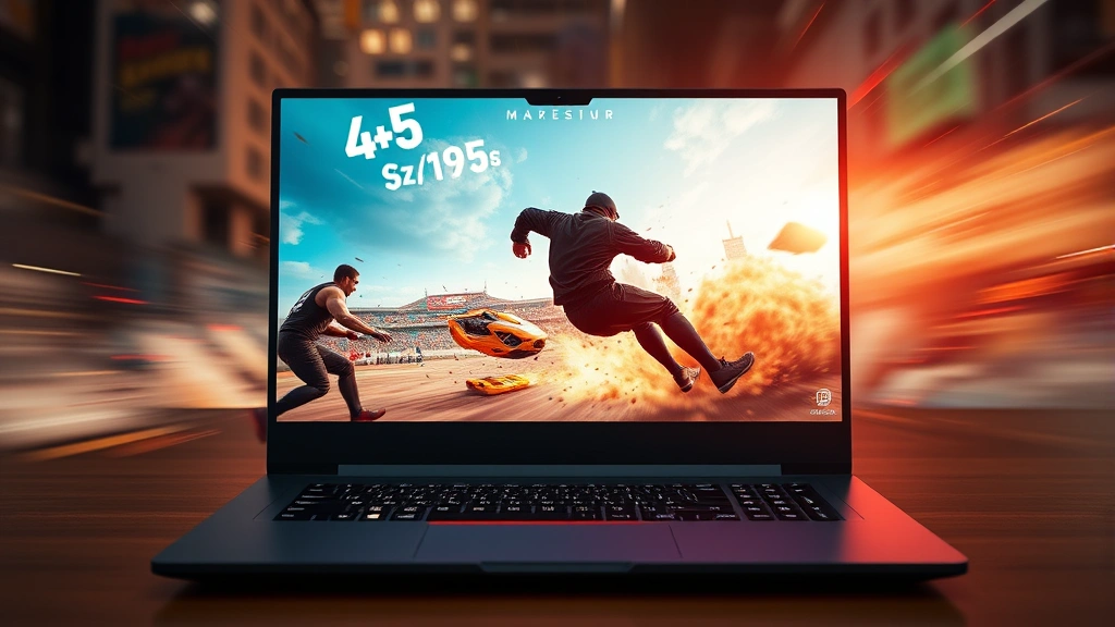 Gaming laptop displaying fast-paced action game with high frame rate counter visible, smooth motion blur, vibrant graphics on bright 144Hz display
