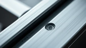 Close-up of premium metallic device with minimalist design, showing texture and craftsmanship details, natural lighting, professional product photography style