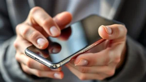 Close-up of hands holding a modern smartphone with sleek metallic edges, natural lighting highlighting the premium build quality and screen