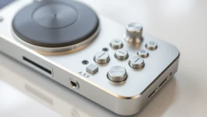 Premium tech gadget with metallic finish, close-up of precision-engineered components and buttons on a clean surface