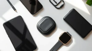 Flat lay of various modern tech gadgets including smartphone, wireless earbuds, smartwatch, and portable charger on minimalist desk surface with natural lighting