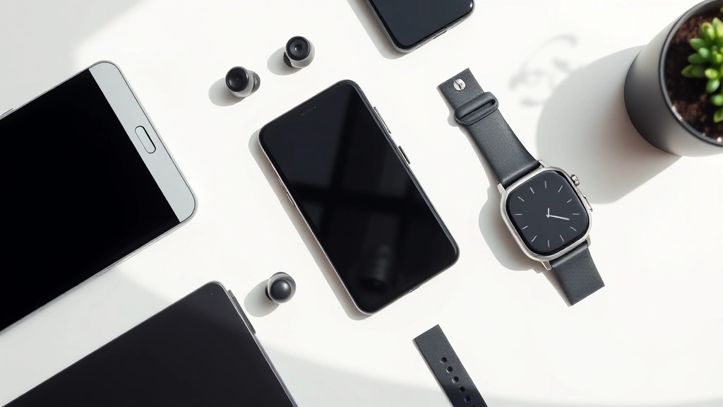 Flat lay of modern tech gadgets including smartphone, wireless earbuds, smartwatch, and tablet on minimal white surface with natural lighting