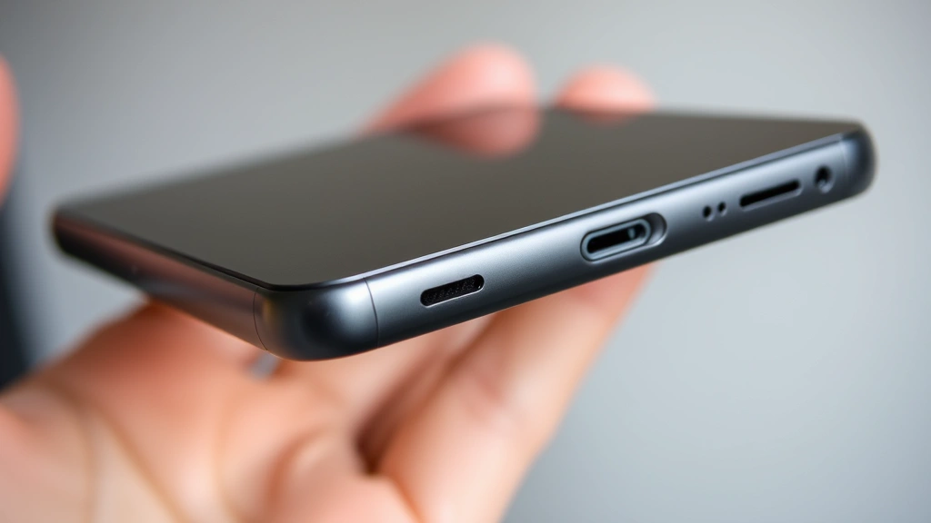 Close-up of sleek gadget showing matte finish and premium build quality, held in hand against neutral background, shallow depth of field