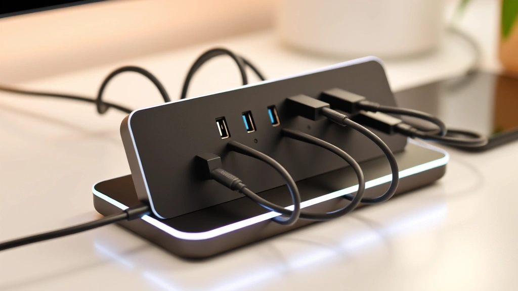 Sleek desktop charging station with multiple USB ports and cables neatly organized, illuminated minimalist design, close-up product photography on white surface