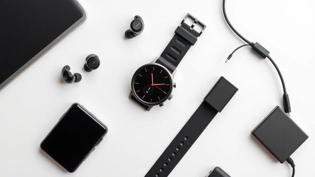 Flat lay of various tech gadgets arranged artfully—wireless earbuds, smartwatch, portable charger, cable—on a minimalist desk surface