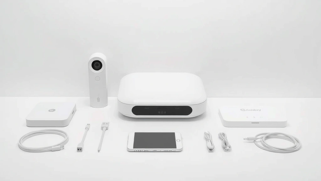 Modern tech gadget displayed in minimalist white aesthetic with complementary accessories and cables arranged neatly