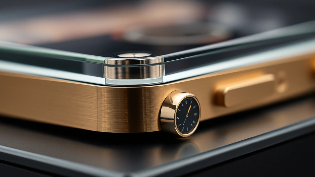 Close-up detail shot of premium metal and glass construction on high-end electronics, showing craftsmanship and material quality in sharp focus