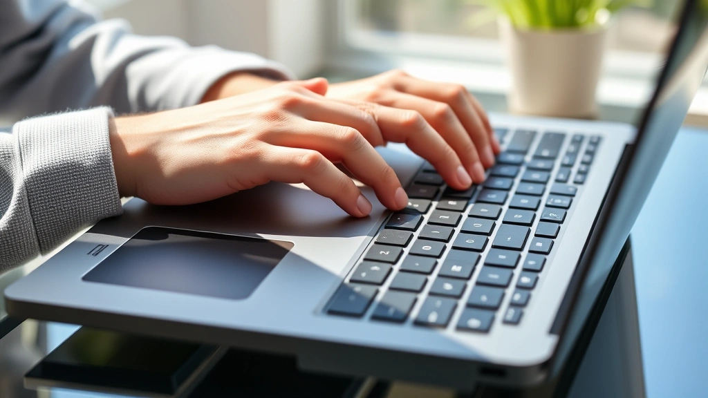 Hands-on demonstration of laptop trackpad and keyboard with person typing, showing comfort and ergonomic design in natural daylight