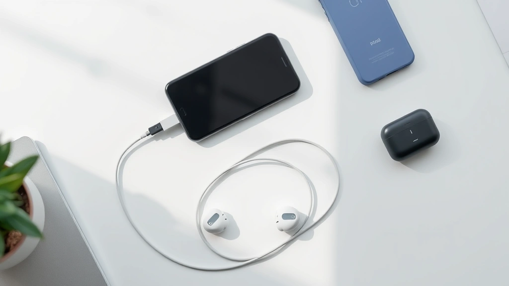 Flat-lay arrangement of gadget with charging cable, wireless earbuds, and accessories on minimalist desk surface with soft natural lighting