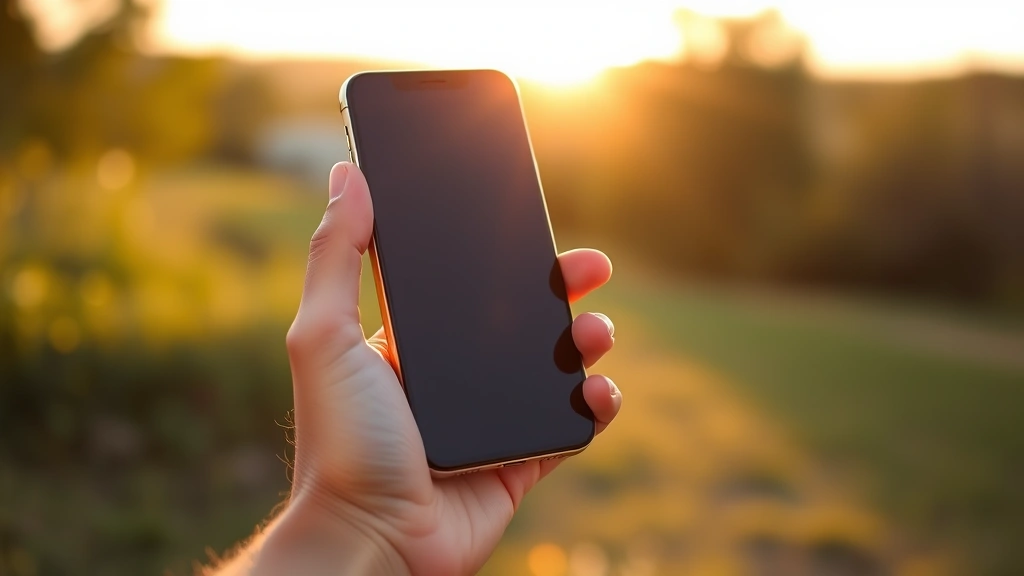 Person holding a mid-range smartphone in one hand outdoors during golden hour, showing natural grip, size reference, and screen visibility in bright daylight