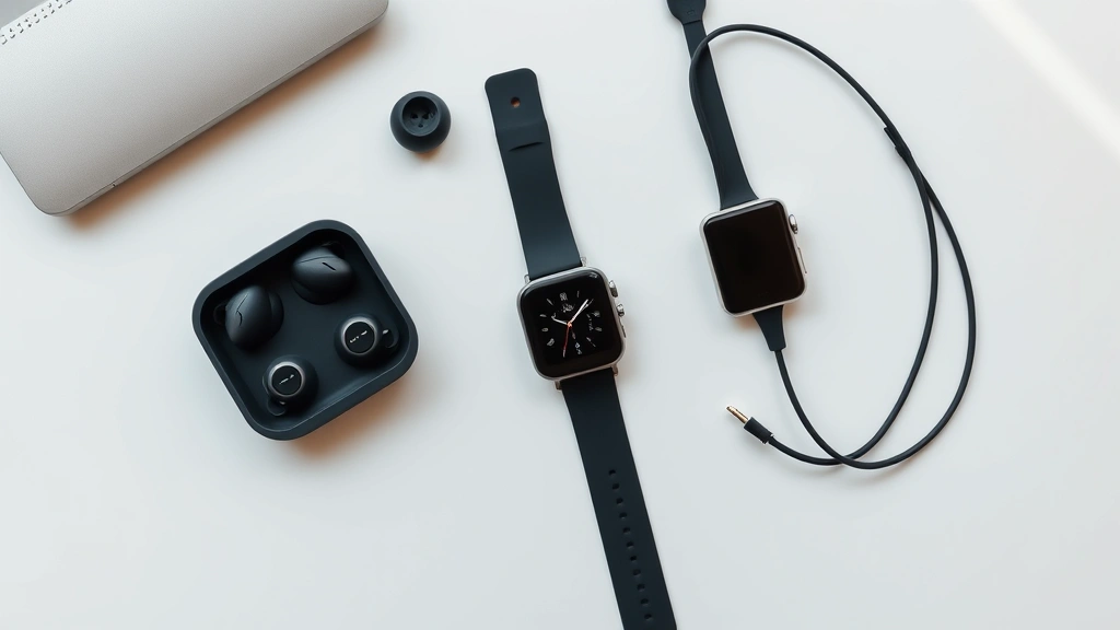 Overhead flat lay of modern tech gadgets including wireless earbuds, smartwatch, and charging cable on minimalist desk setup with soft natural lighting
