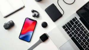 Flat lay of diverse tech gadgets including smartphone, wireless earbuds, smartwatch, and laptop arranged on minimalist desk with soft natural lighting