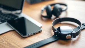 Close-up of tech gadgets on a wooden desk: smartphone, laptop, headphones, smartwatch arranged professionally with natural lighting