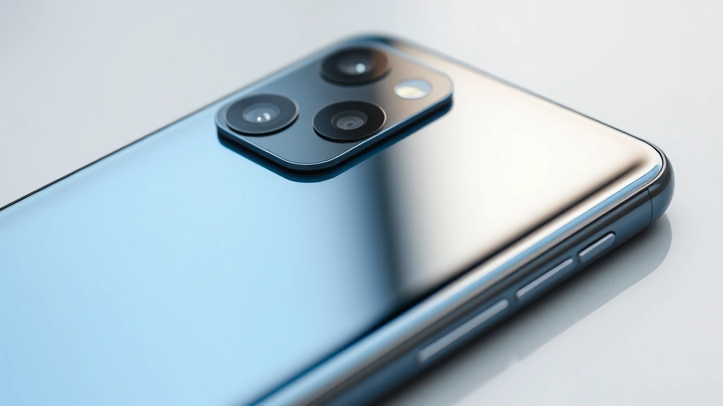 Close-up detail shot of smartphone glass back with reflection, showing premium build quality and sleek industrial design