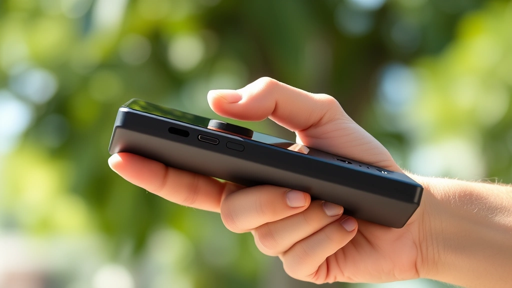Person's hand holding modern tech device in natural daylight, showing ergonomic grip and build quality, lifestyle product photography, clear focus
