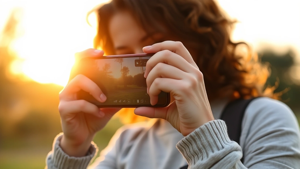Person using smartphone for casual photography outdoors, golden hour lighting, relaxed natural pose, focus on device in hands