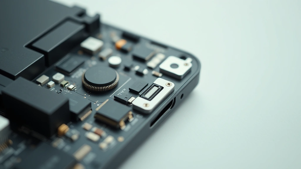 Close-up detail shot of tech gadget internals or components, professional product photography style with neutral background