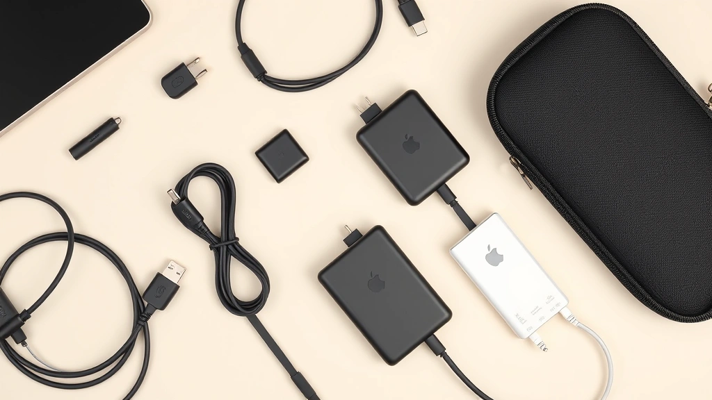 Flat lay photography of various tech accessories: USB-C cables, power adapters, portable chargers, and device cases on neutral background