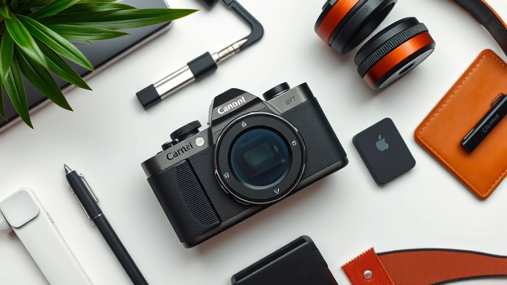 Flat lay of gadget with complementary tech accessories arranged artfully, minimalist composition, soft natural lighting, professional electronics photography