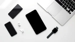 Flat lay of modern tech gadgets including smartphone, tablet, wireless earbuds, smartwatch, and laptop arranged on minimalist white surface with natural lighting