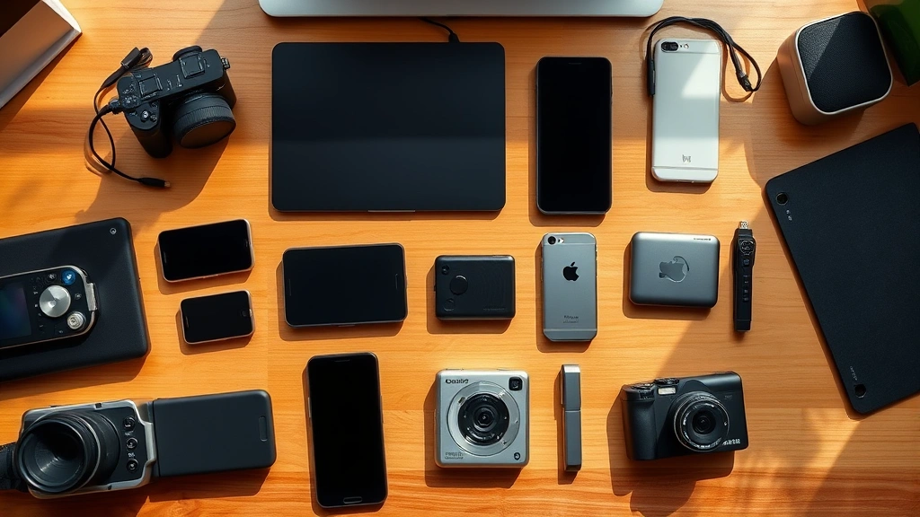 Overhead shot of budget and mid-range tech devices comparison laid out on desk, showing different brands and price points with natural daylight