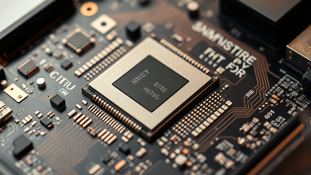 Close-up of smartphone processor chip and internal components, circuit board details, macro photography style, warm studio lighting highlighting metallic elements and silicon
