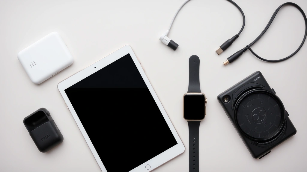 Flat lay photography of various consumer tech devices including a tablet, smartwatch, true wireless earbuds, and USB-C cables arranged artfully on a neutral background
