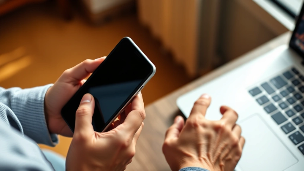 Person holding premium smartphone and laptop side-by-side, hands visible showing natural interaction with devices, warm indoor lighting, lifestyle photography emphasizing build quality and materials